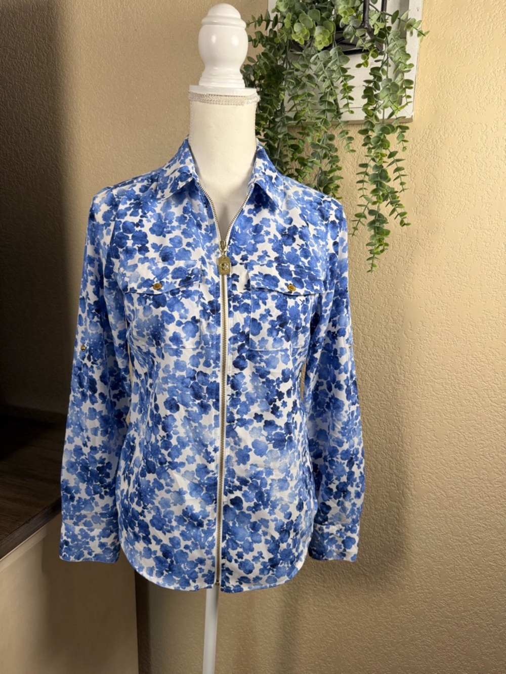 Michael Kors Blue and White Floral Zip Shirt Jacket